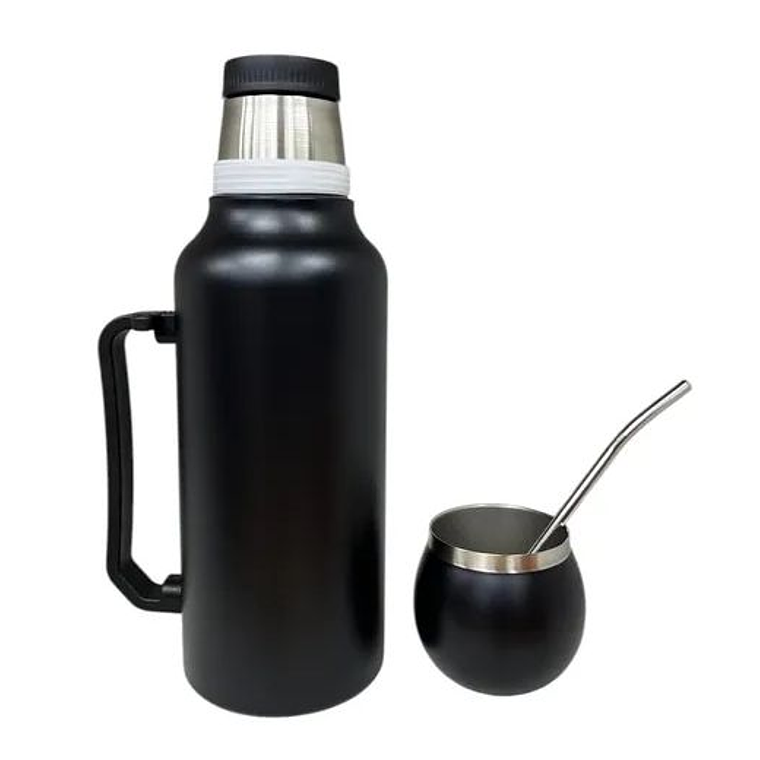 Termo Matero 1.3 Litros Acero Inoxidable + Mate Y Bombilla Negro 2