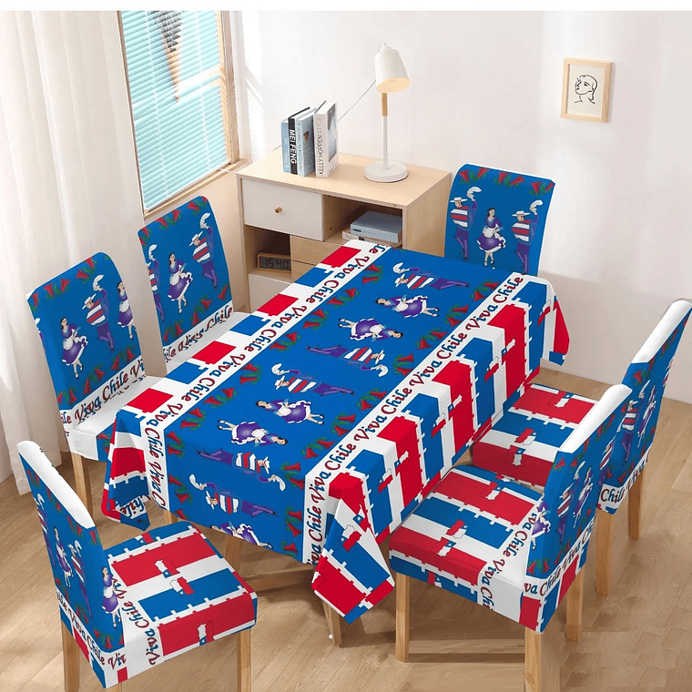 MANTEL Y 6 FUNDAS PARA SILLAS DISEÑO FECHAS PATRIAS 2