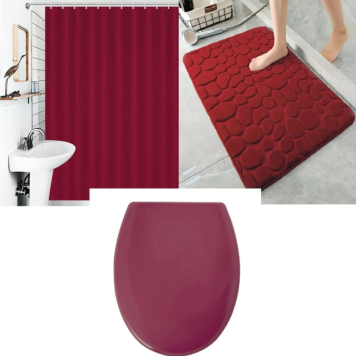 Set de Baño Burdeo 3 piezas Tapa Cotina Alfombra 1