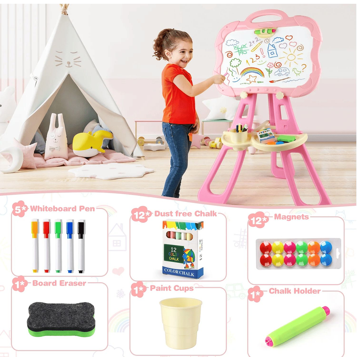 Pizarra Con Atril 3 En 1 Magnetica Doble Para Niños Y Niñas 2