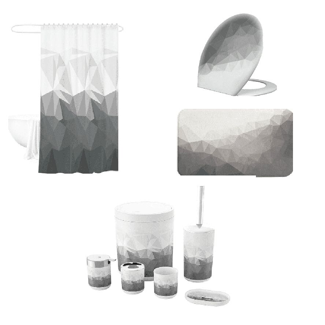 Set de Baño 9 piezas Cortina, Alfombra, Tapa, Organizador Gris 1