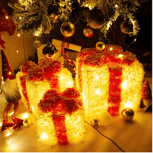 Set 3 Cajas Regalo Luces Decoración Navidad Dorado