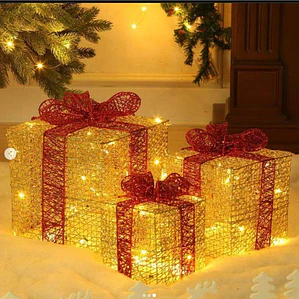 Set 3 Cajas Regalo Luces Decoración Navidad Dorado