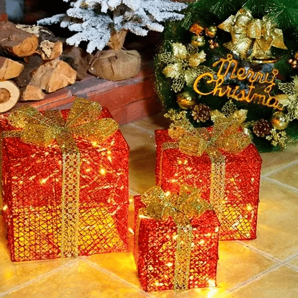 Set 3 Cajas De Regalos Con Luces Navidad Rojo 1