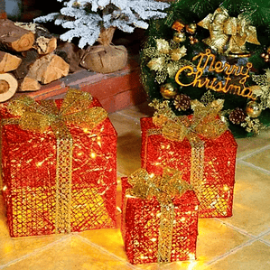 Set 3 Cajas De Regalos Con Luces Navidad Rojo