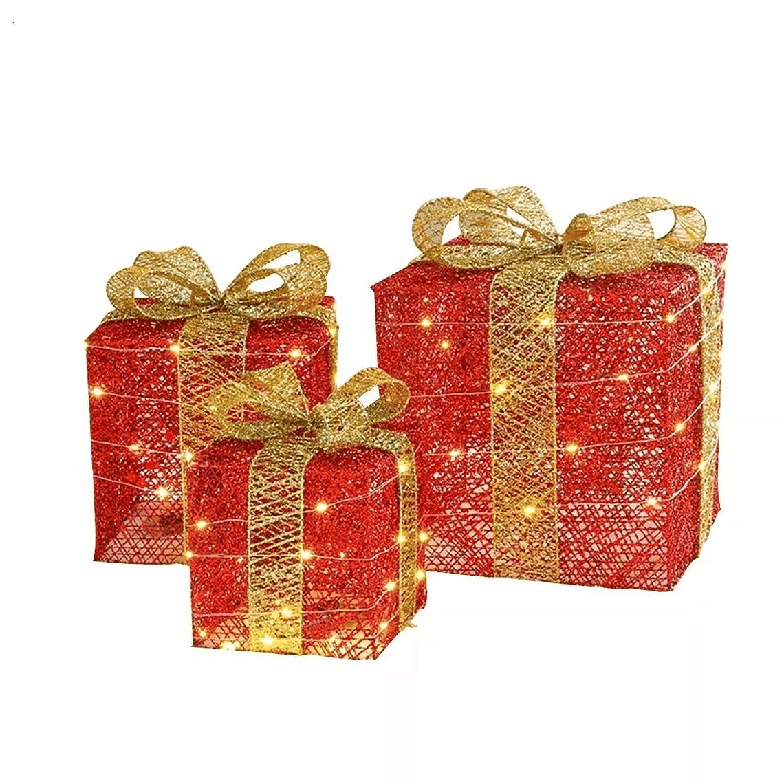 Set 3 Cajas De Regalos Con Luces Navidad Rojo 2