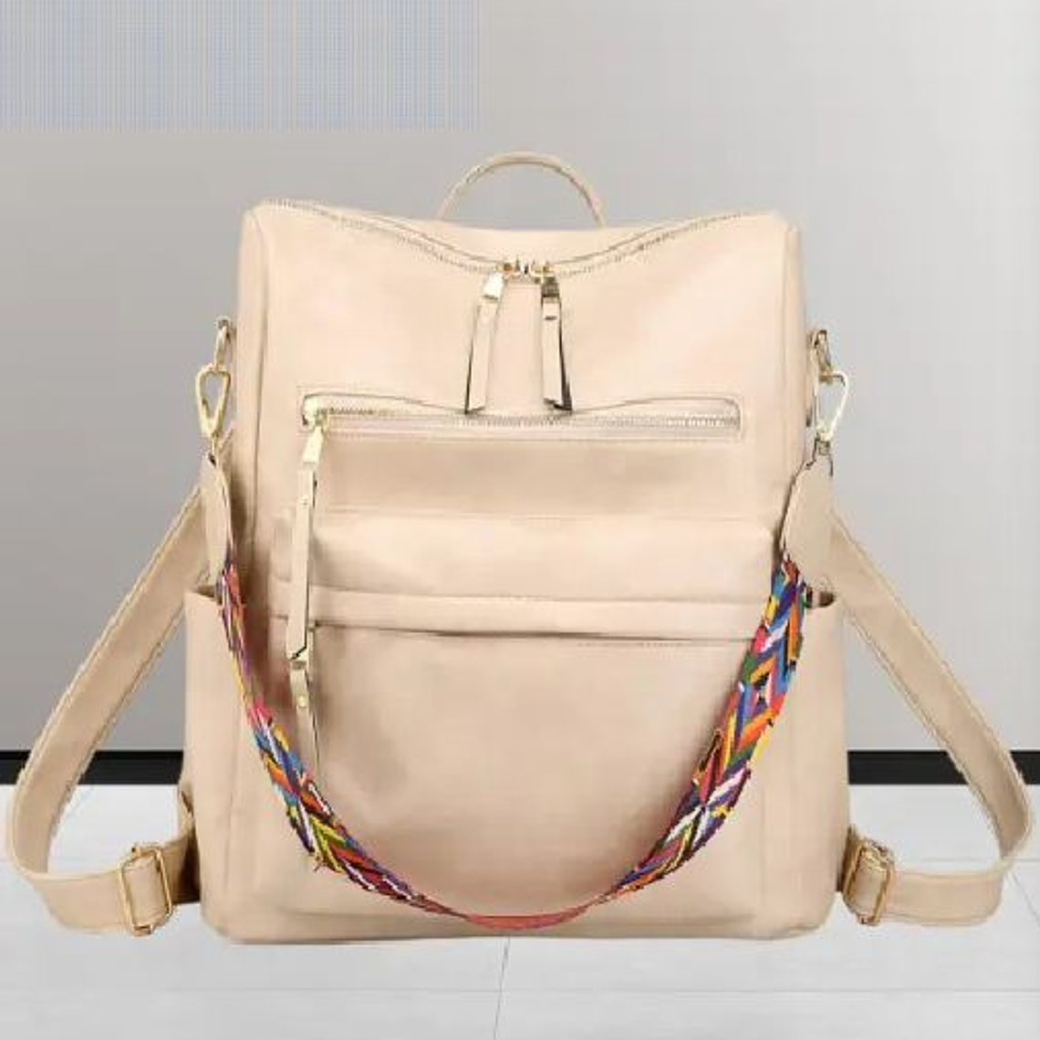 Bolso Mochila Moda Mujer Beige Mediana 4
