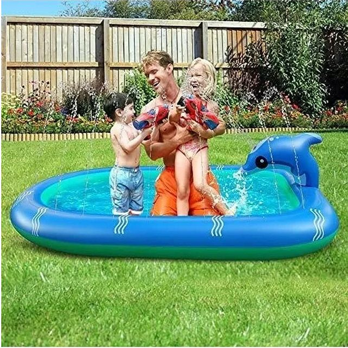 Piscina Inflable 170x110x45cm Dino Delfin Lanza Chorro Agua 2