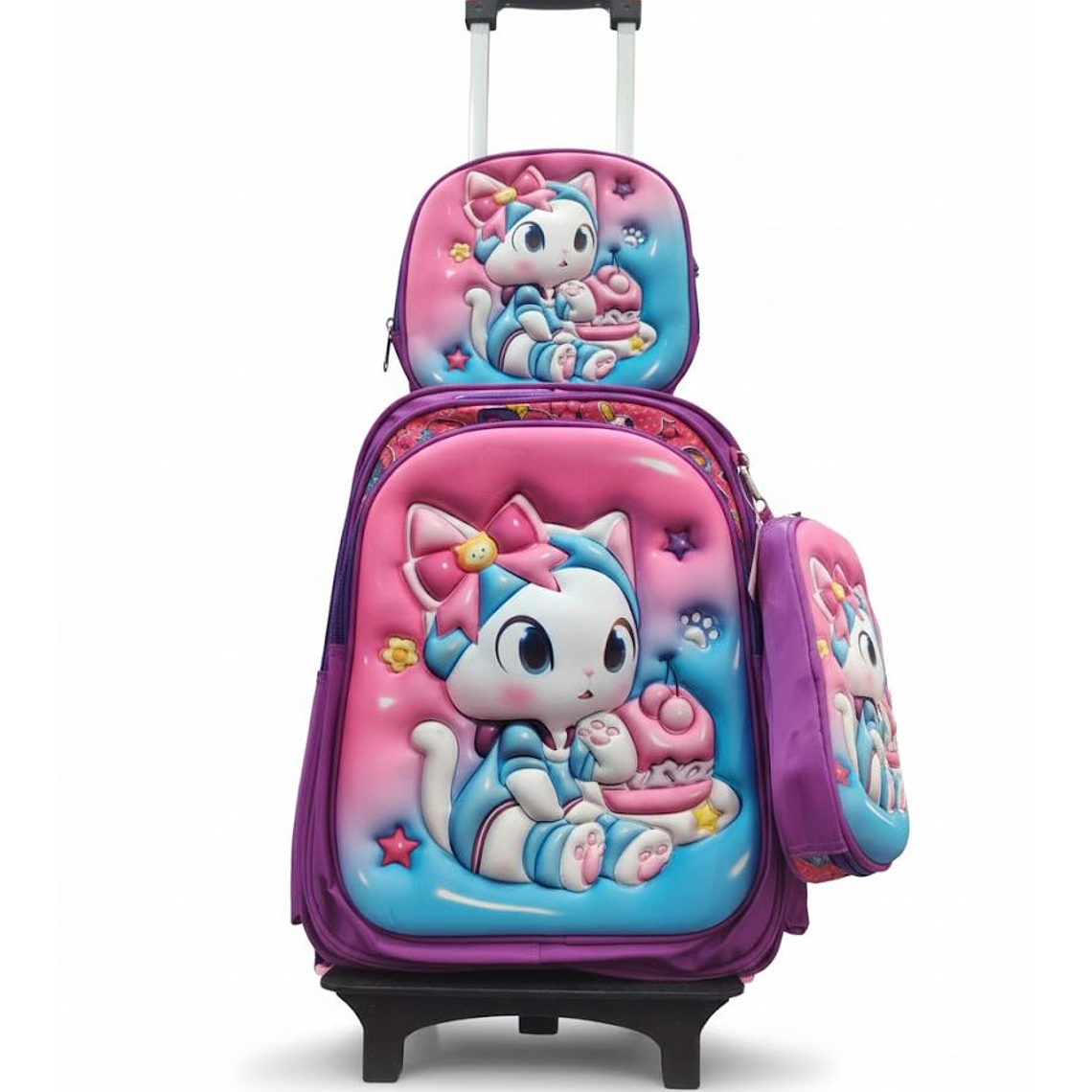 Mochila Niños Escolar Moda Ruedas Diseño Gatito 3 piezas 1