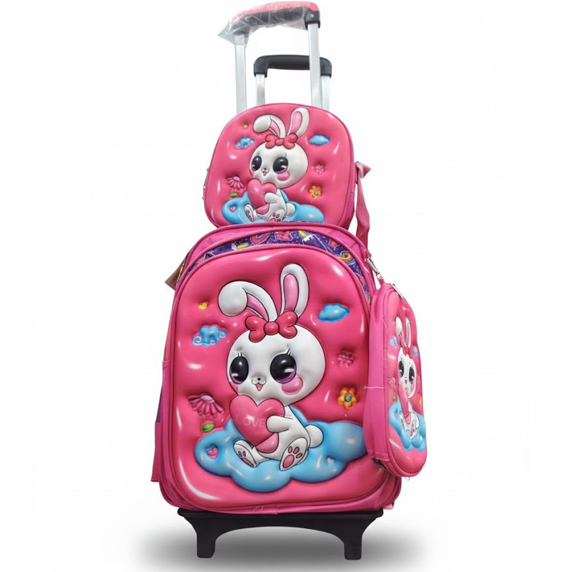Mochila Niños Escolar Moda Ruedas Diseño conejito 3 piezas 2