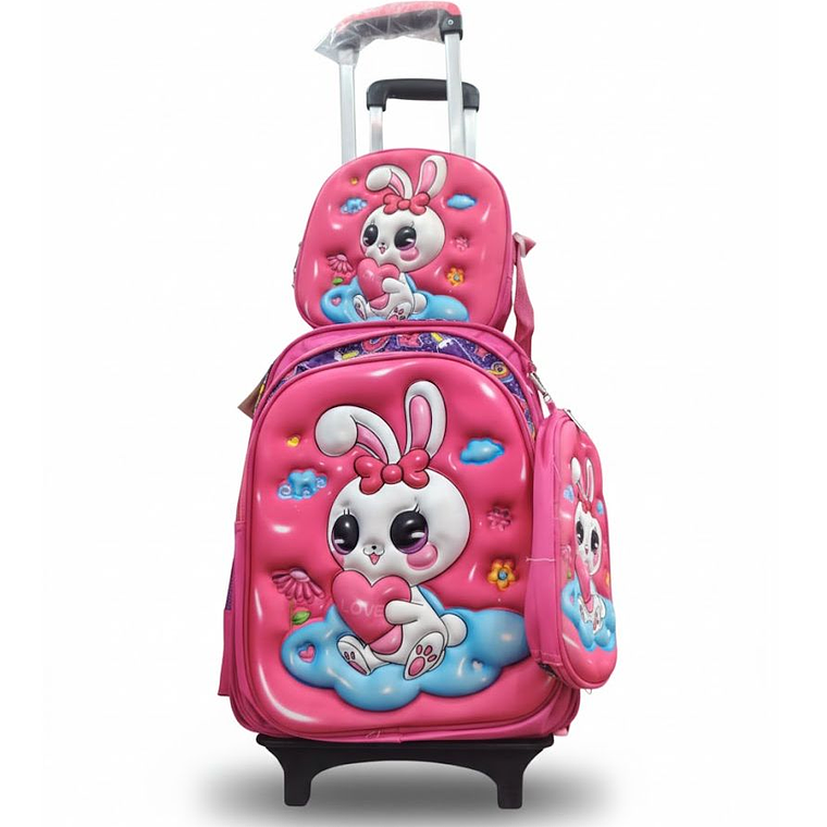 Mochila Niños Escolar Moda Ruedas Diseño conejito 3 piezas 2