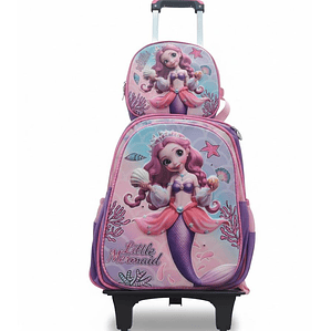 Mochila Niños Escolar Moda Ruedas Diseño Sirena 3 piezas