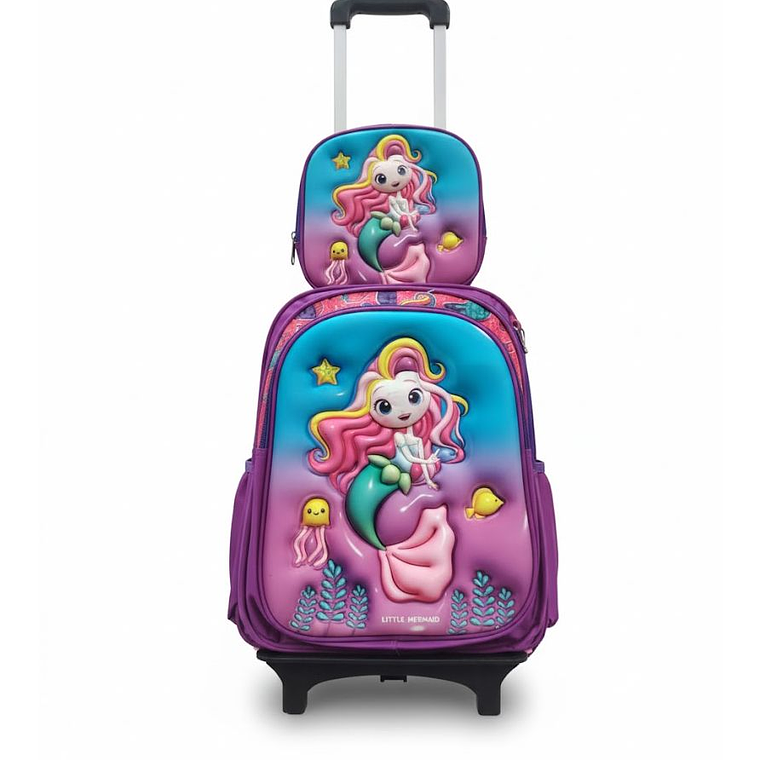 Mochila Niños Escolar Moda Ruedas Diseño Sirena 3 piezas 2