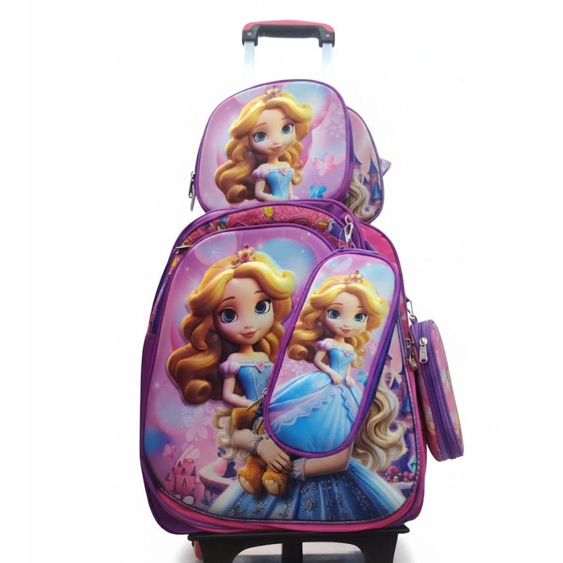 Mochila Niños Escolar Moda Ruedas Diseño princesas  3 piezas 1