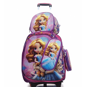 Mochila Niños Escolar Moda Ruedas Diseño princesas  3 piezas