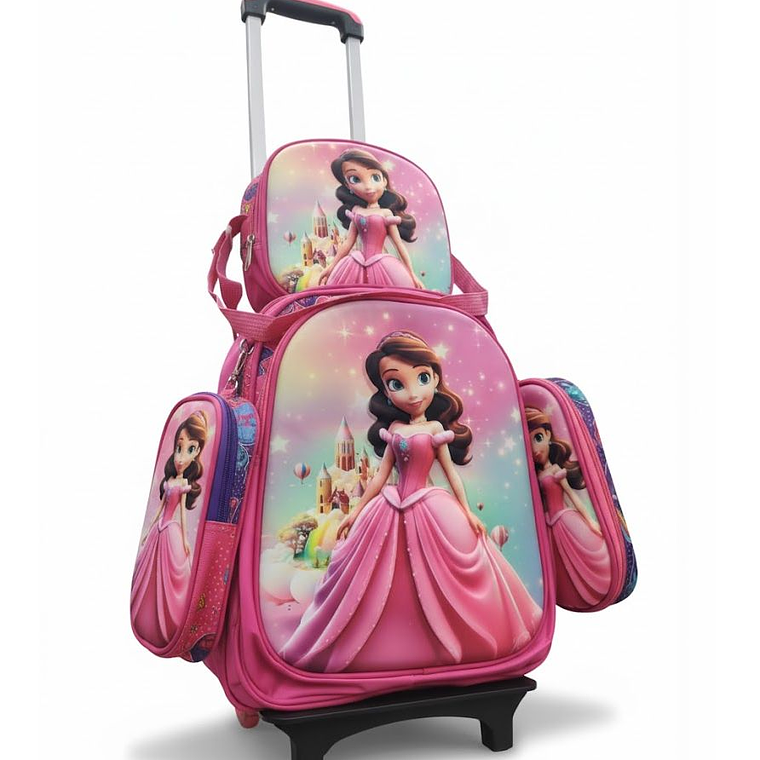 Mochila Niños Escolar Moda Ruedas Diseño princesas  3 piezas 4