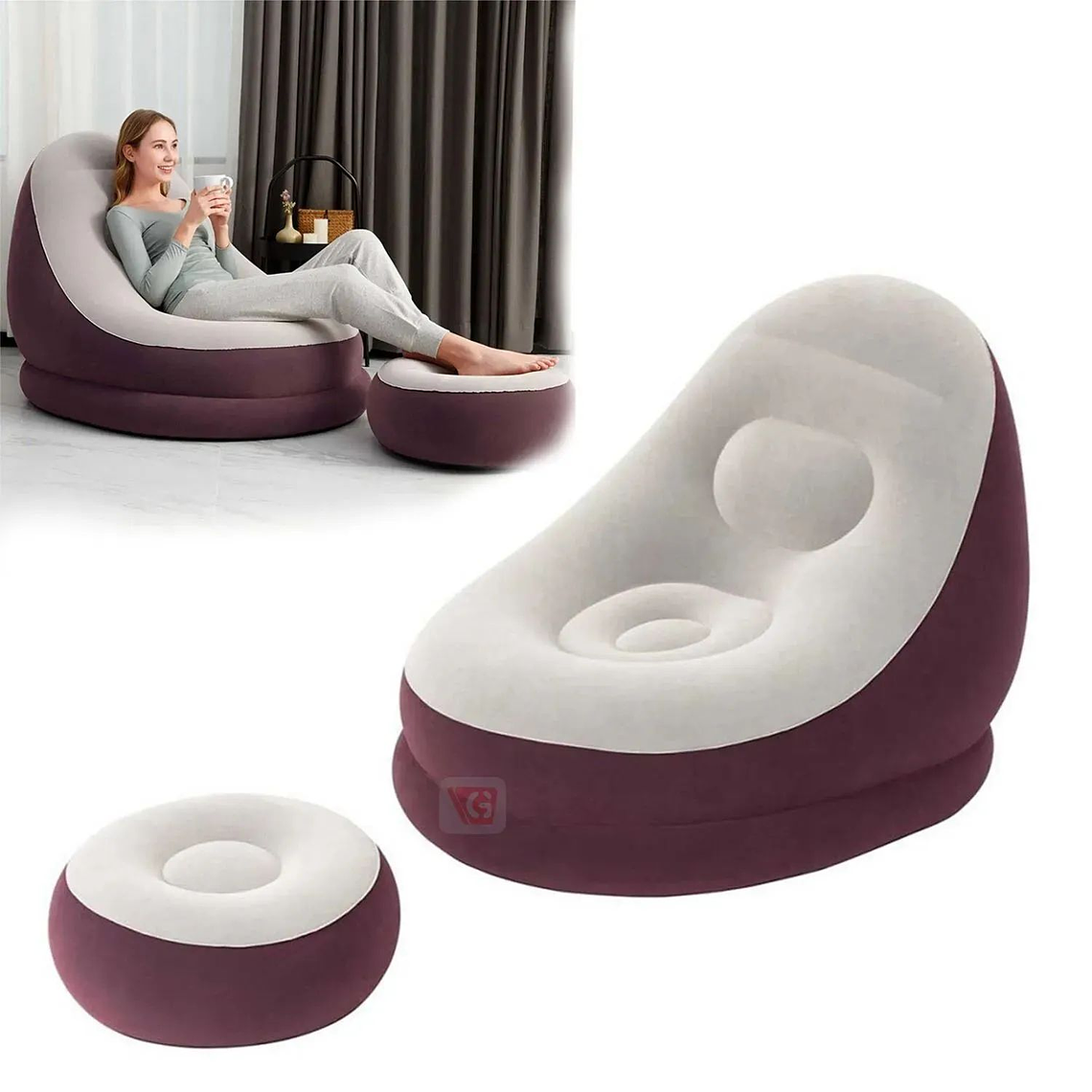 Sillón Pouf Inflable Aterciopelado Para Living Sofá 2 Piezas 4