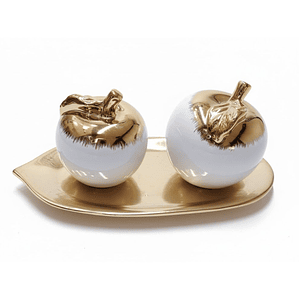 Centro de mesa con manzanas, cuenco dorado decorativo