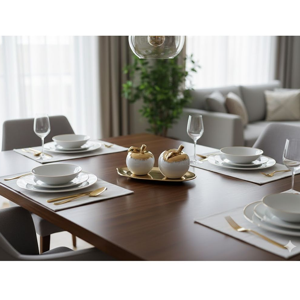 Centro de mesa con manzanas, cuenco dorado decorativo 2