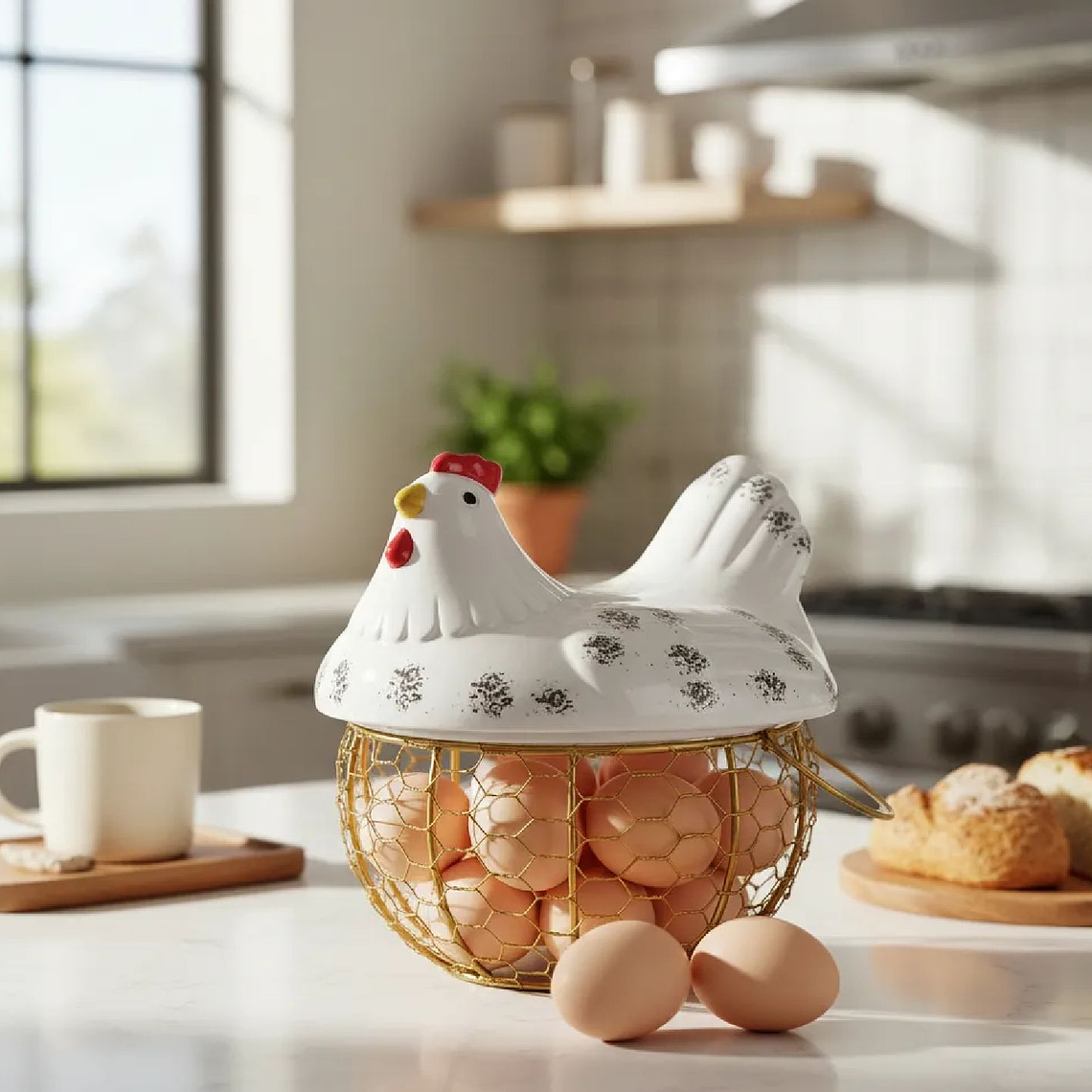 Organizador De Huevos Porta Huevos Gallina Metal Ceramica Blanco Dorado 1