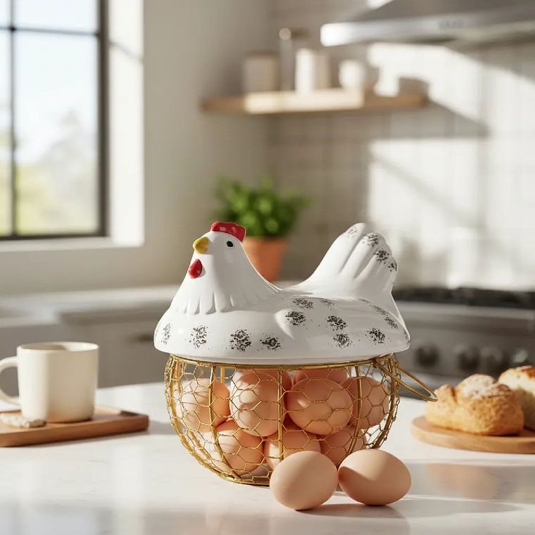 Organizador De Huevos Porta Huevos Gallina Metal Ceramica Blanco Dorado 1
