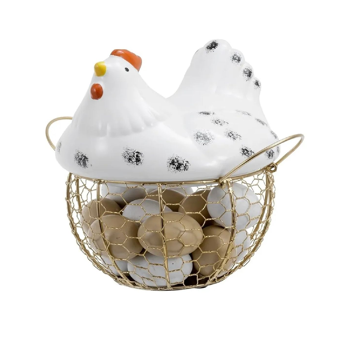 Organizador De Huevos Porta Huevos Gallina Metal Ceramica Blanco Dorado 2