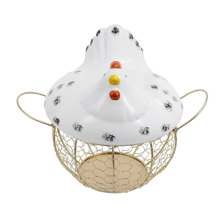 Organizador De Huevos Porta Huevos Gallina Metal Ceramica Blanco Dorado 3