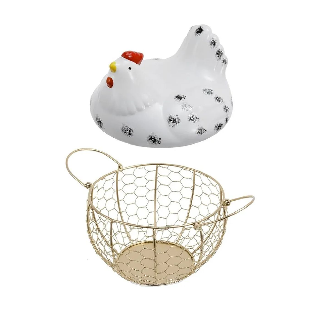 Organizador De Huevos Porta Huevos Gallina Metal Ceramica Blanco Dorado 4