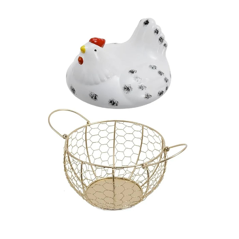 Organizador De Huevos Porta Huevos Gallina Metal Ceramica Blanco Dorado 4