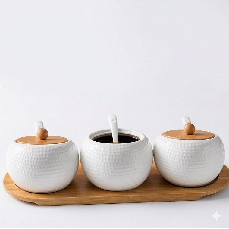 Set de Condimenteros Minimalistas en Cerámica y Bambú 2