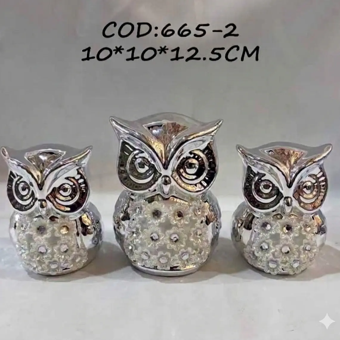Trío de Búhos Silver Garden – Brillo Espejo y Detalles Florales 1