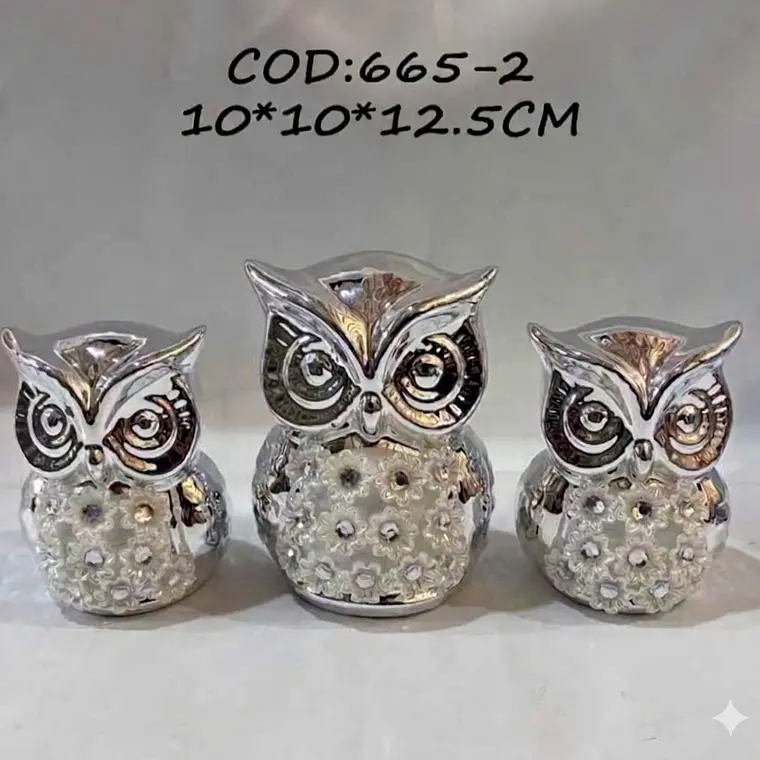 Trío de Búhos Silver Garden – Brillo Espejo y Detalles Florales 1