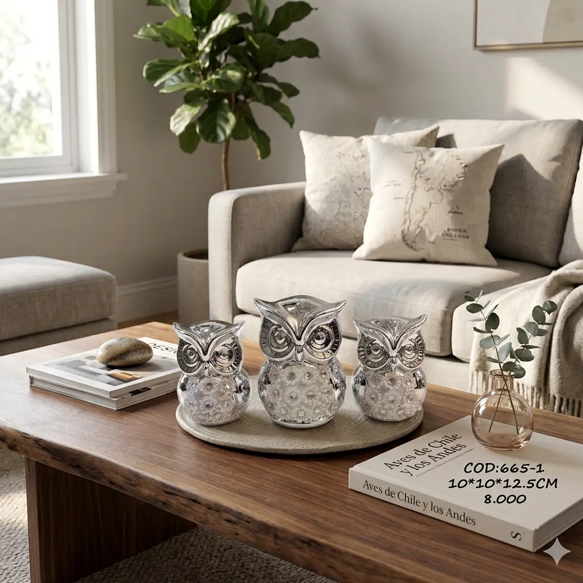 Trío de Búhos Silver Garden – Brillo Espejo y Detalles Florales 2