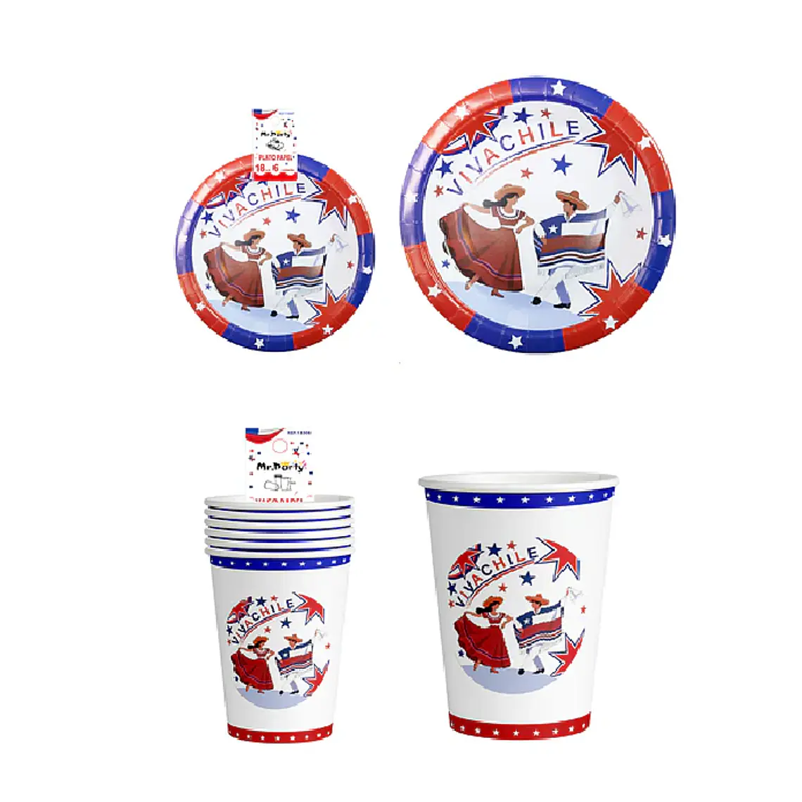 Set 36 piezas vasos y platos de Carton Fechas Patrias  2
