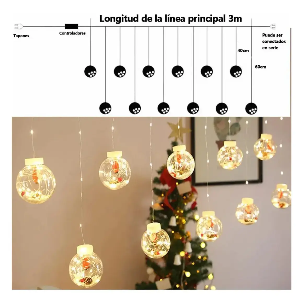 Cortina Luces de Navidad Led 3m Esferas Cálida Ambar Dorada Decoración Navideña 4