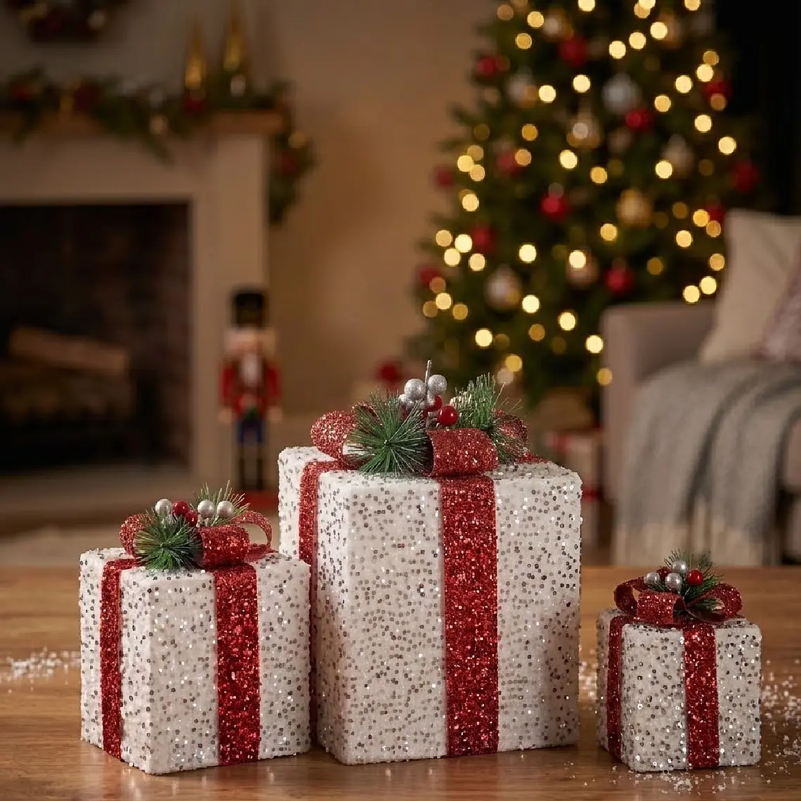 Juego de 3 piezas regalos de Navidad con luces y lazos rojos. 2