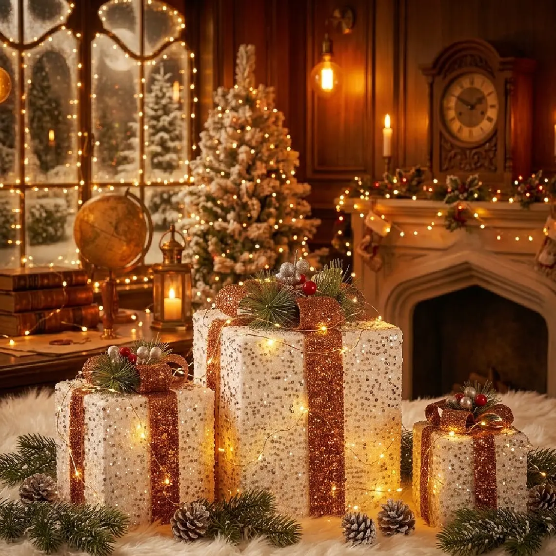 Juego de 3 piezas regalos de Navidad con luces y lazos rojos. 1