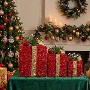 Set 3 Cajas De Regalo Navideñas Con Luces Rojo con Dorado 