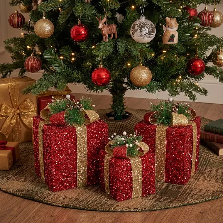 Set 3 Cajas De Regalo Navideñas Con Luces Rojo con Dorado  2