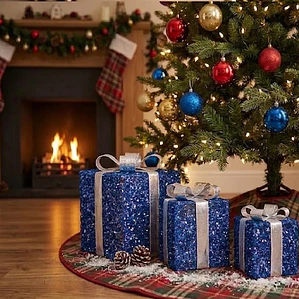 Set 3 Cajas De Regalo Navideñas Con Luces azul