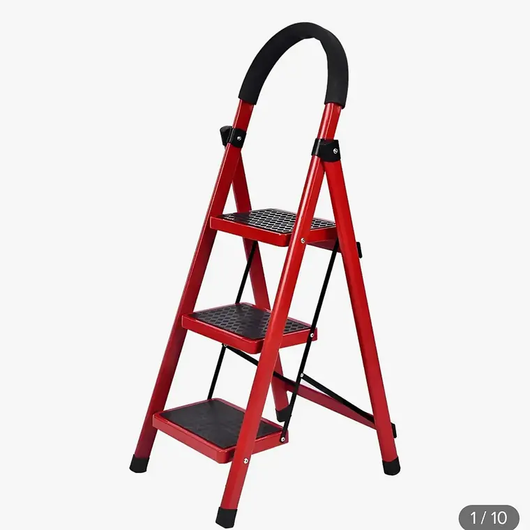 Escalera 3 Escalones Antideslizante Plegable Aluminio Rojo 1