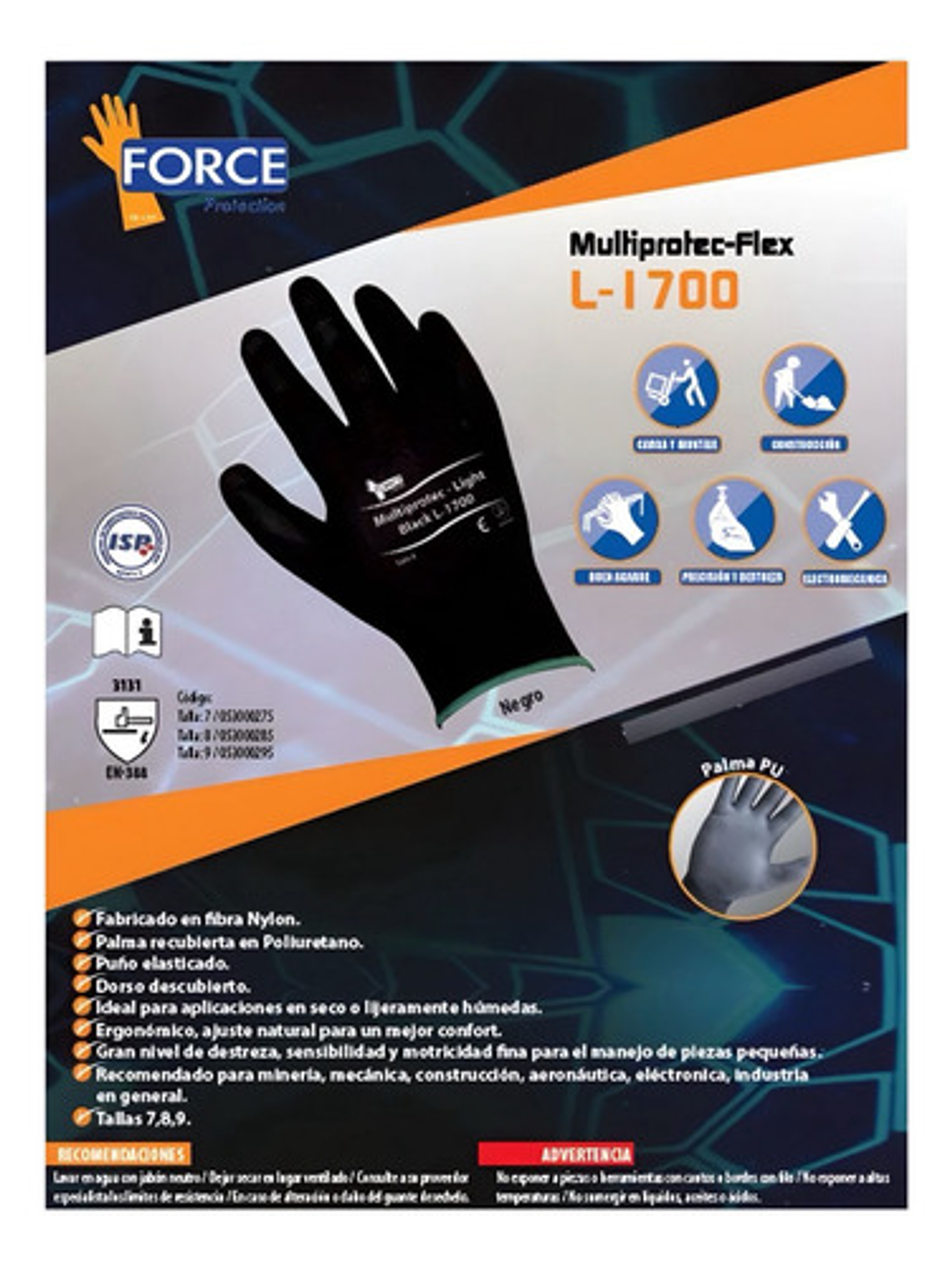Pack 5. Guante Multiprotec Flex Light L-1700 Palma Pu Negro 3