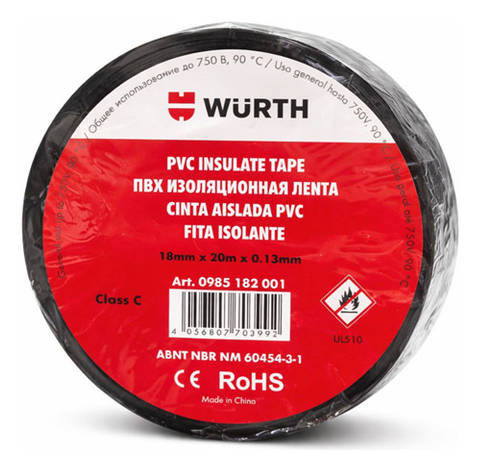 Huincha Cinta Aislante 18 X 20m X 0.13 Wurth Electrica 90° 1