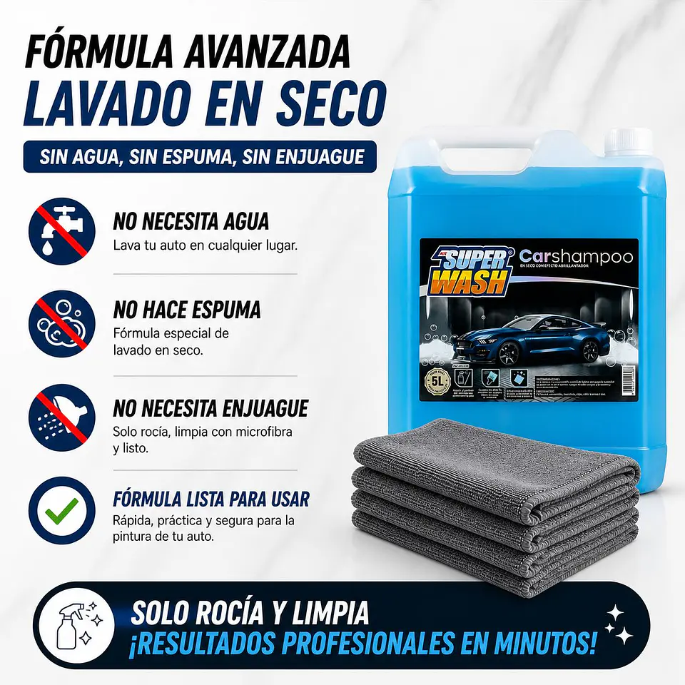 Kit Shampoo Lavado Seco Auto Super Wash + Paños Microfibra 5