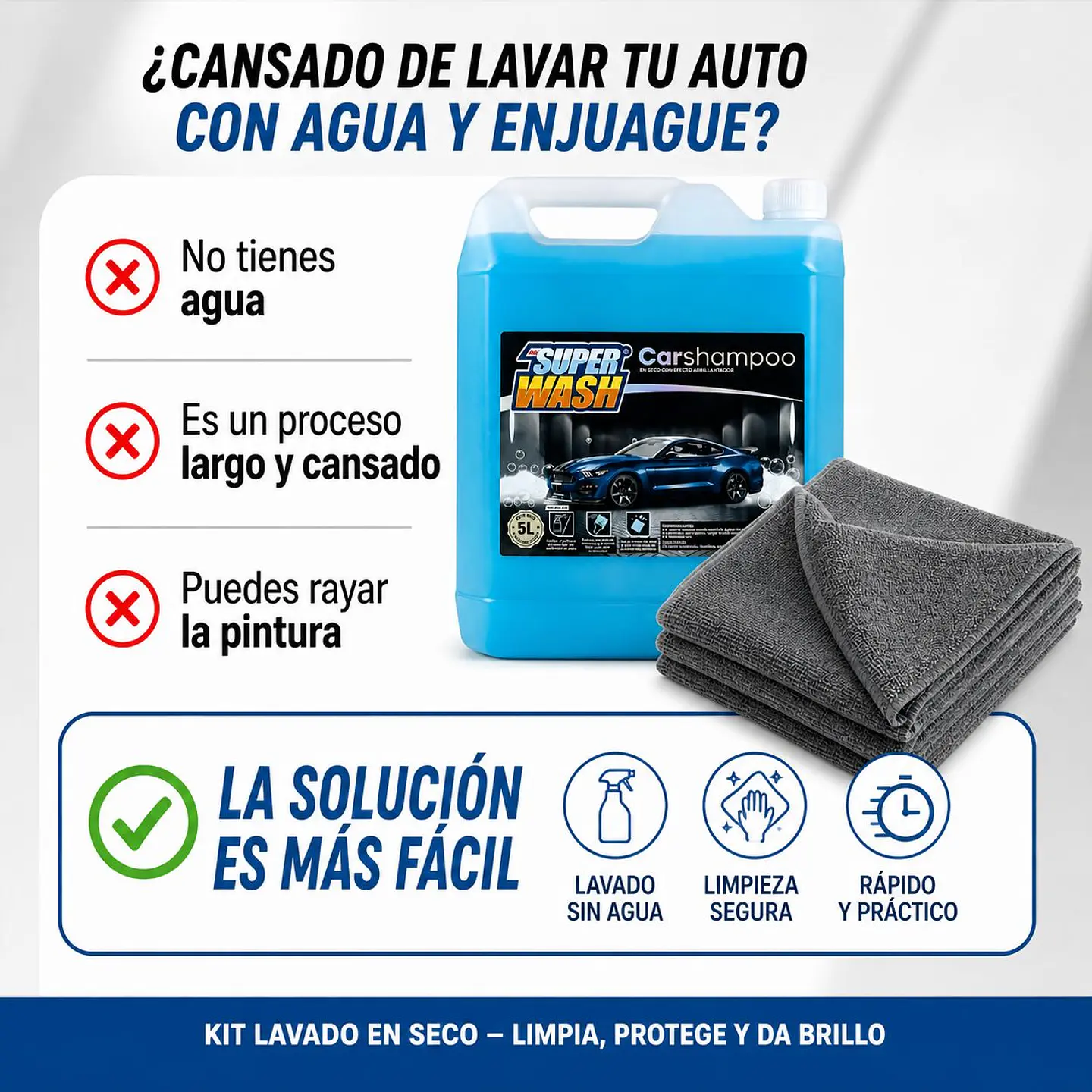 Kit Shampoo Lavado Seco Auto Super Wash + Paños Microfibra 2