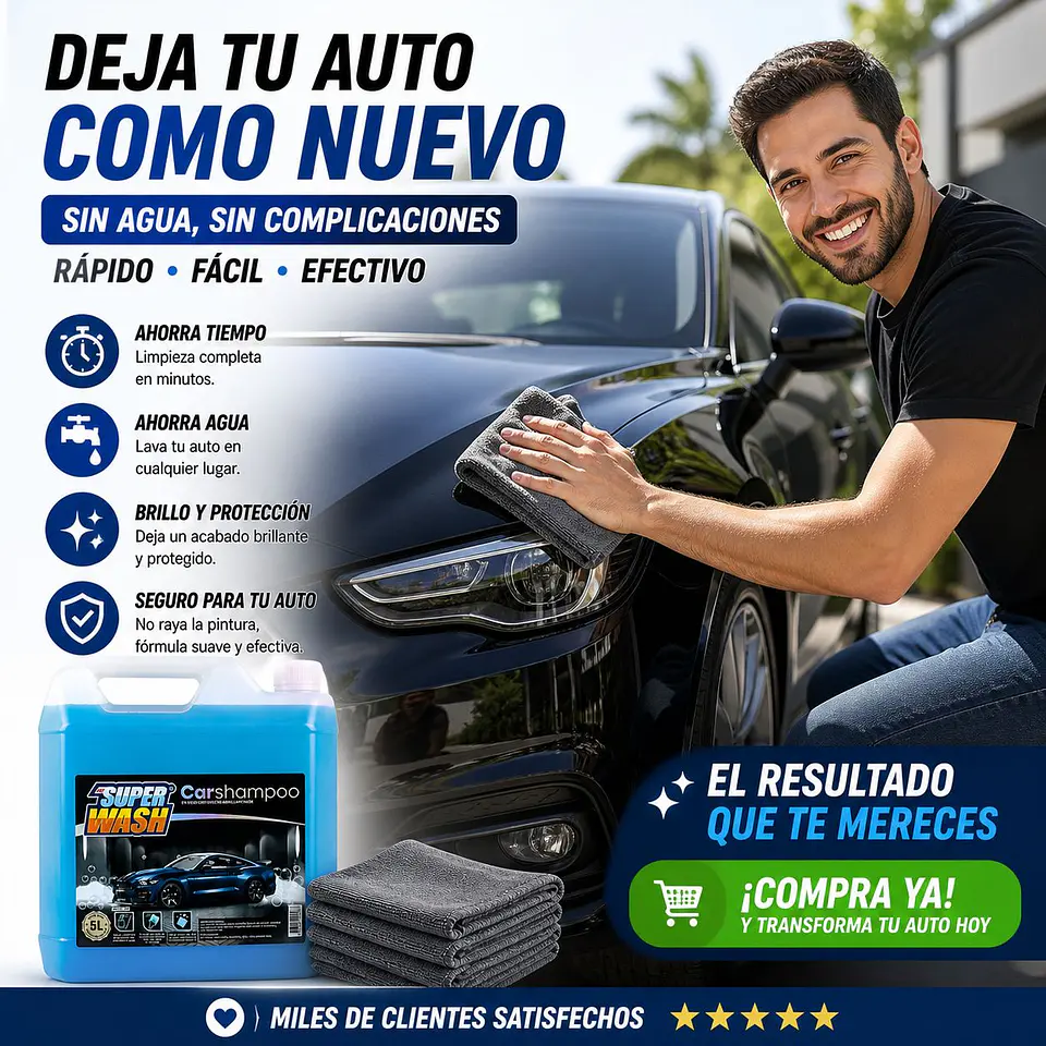Kit Shampoo Lavado Seco Auto Super Wash + Paños Microfibra 7