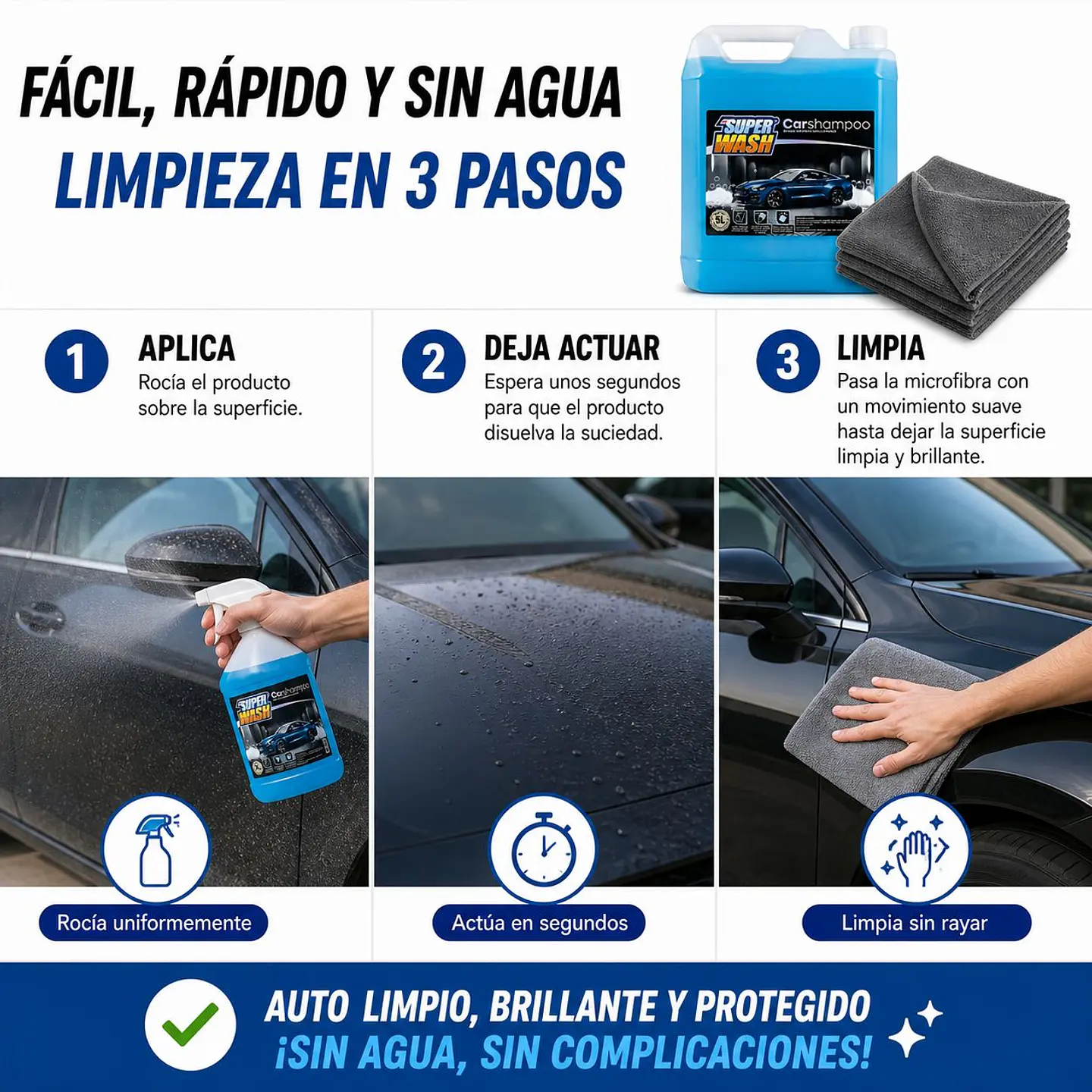 Kit Shampoo Lavado Seco Auto Super Wash + Paños Microfibra 3