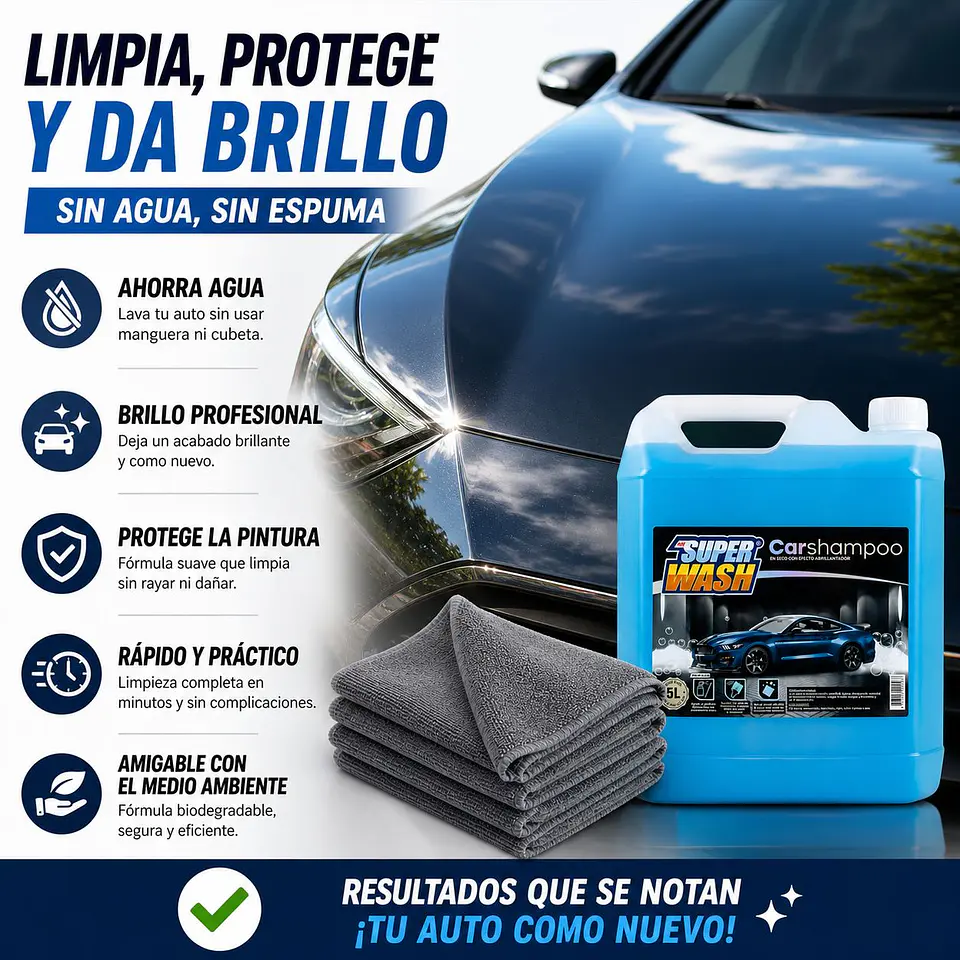 Kit Shampoo Lavado Seco Auto Super Wash + Paños Microfibra 4