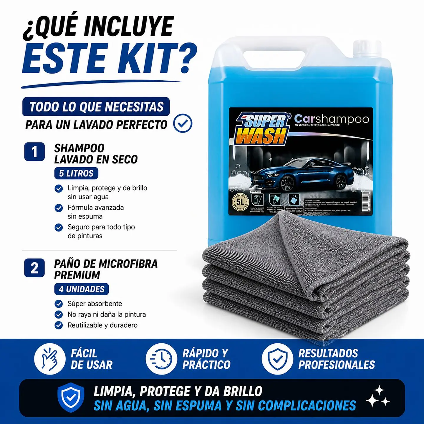 Kit Shampoo Lavado Seco Auto Super Wash + Paños Microfibra 6
