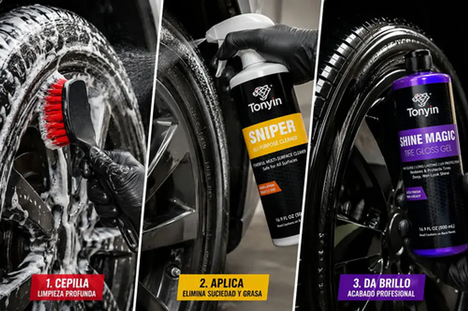 Kit Limpieza Neumático Auto Tonyin Abrillantador Gel Cepillo 2